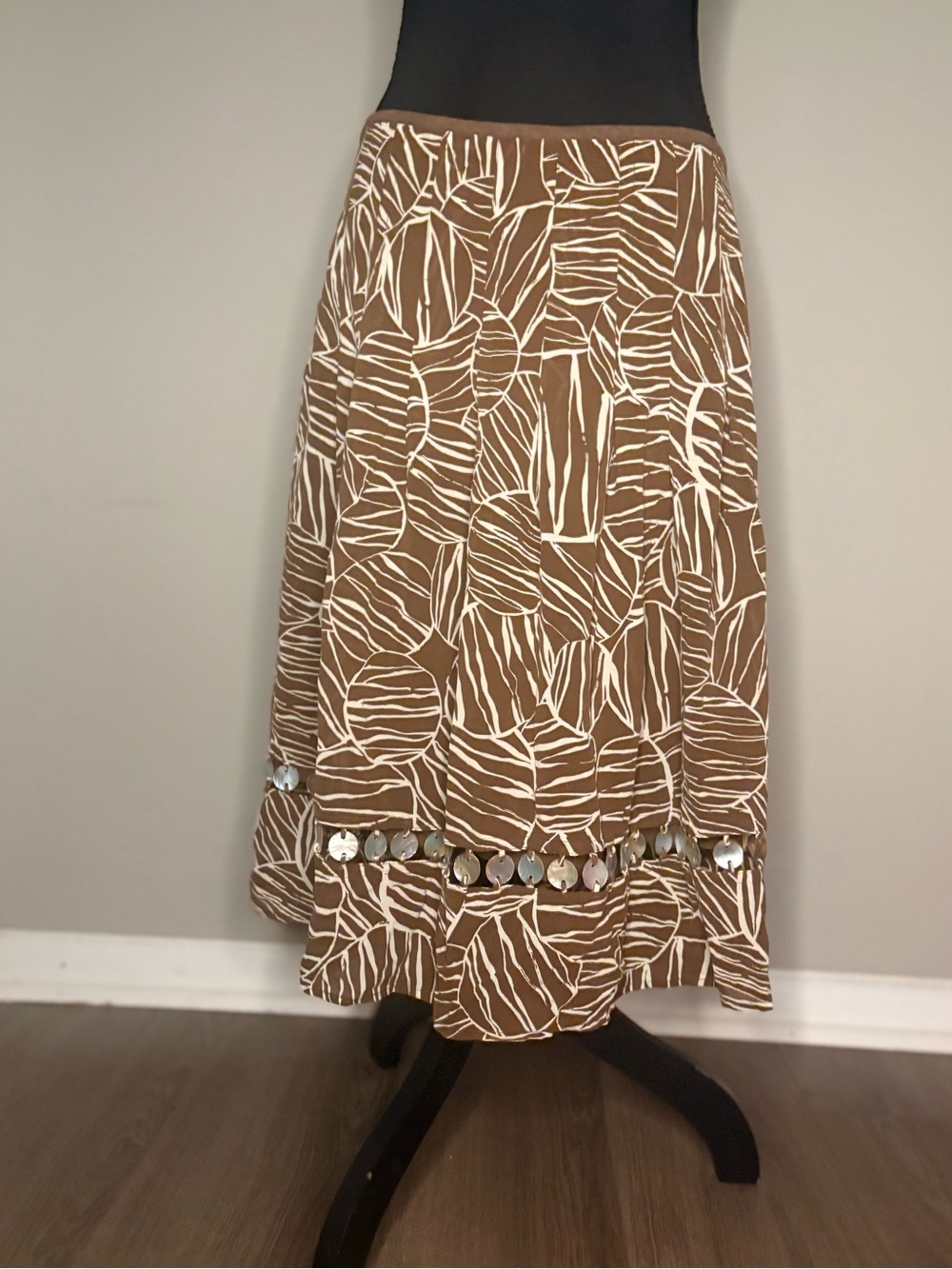 Josephine Chaus Brown and White Printed A-Line Skirt with Disc Trim